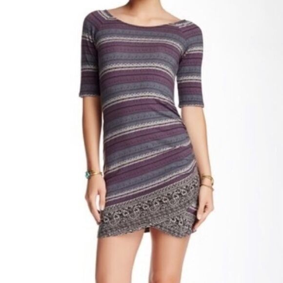 Free People Intimately Striped Aztec Fitted Bodycon 1/2 Sleeve Mini Dress Boho S - Picture 1 of 10